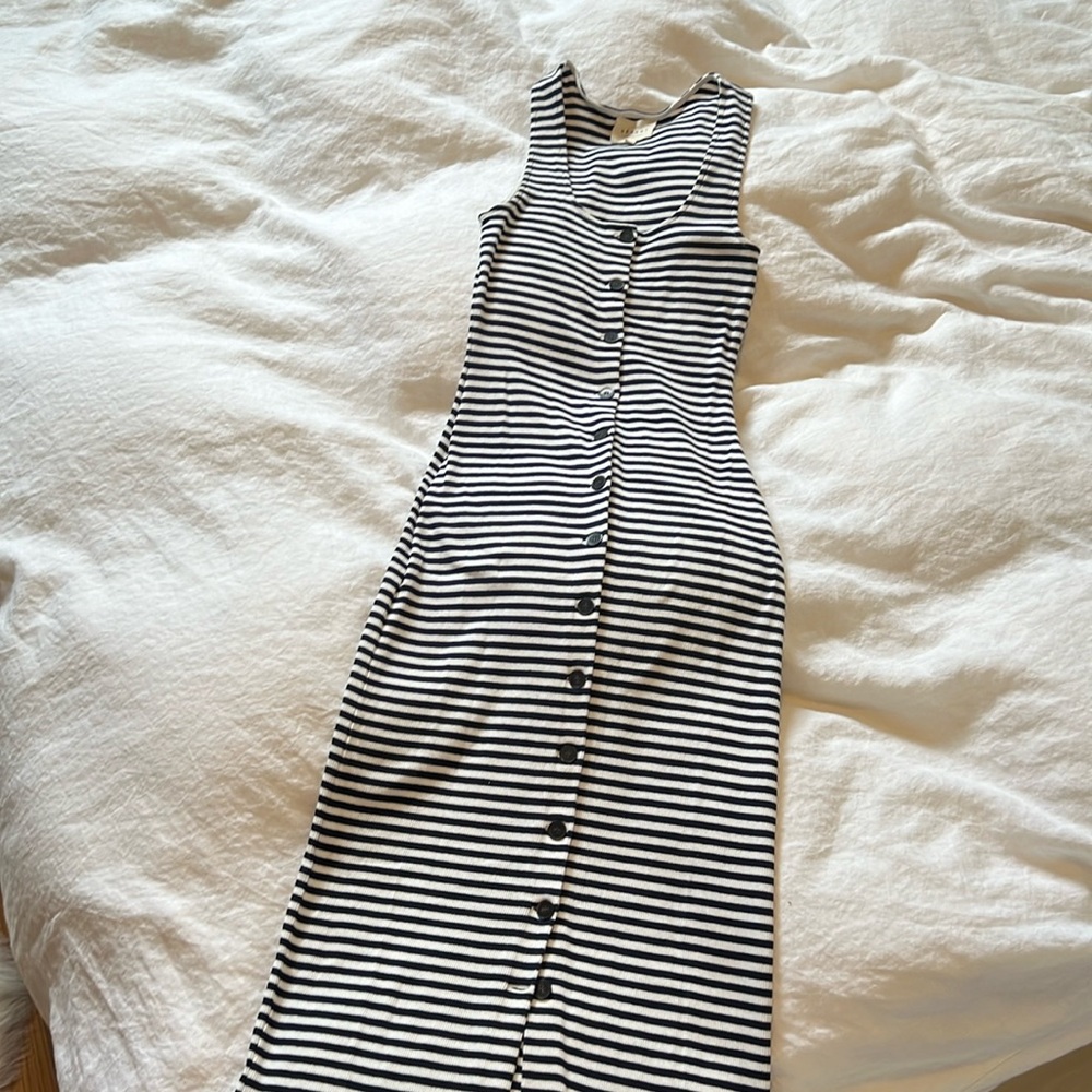 Sezane XS navy white striped midi dress